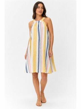 C&C | Linen Striped Round Neckline Lightweight Comfy Relaxed Summer Midi Dress